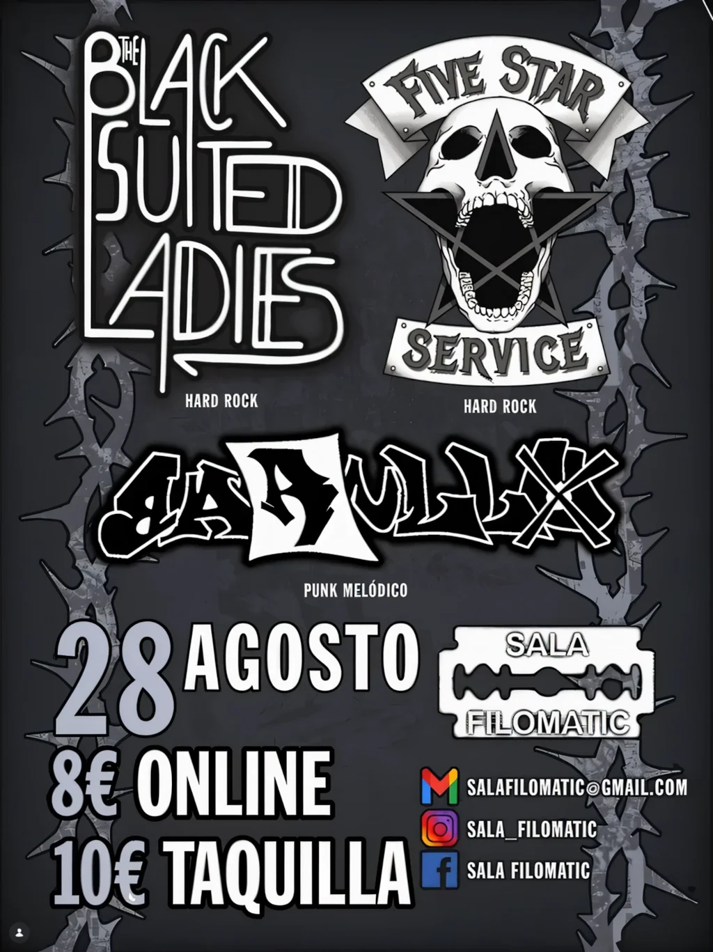 Cartel del concierto de Black Suited Ladies, Five Star Service y Cadillax en la Sala Filomatic.