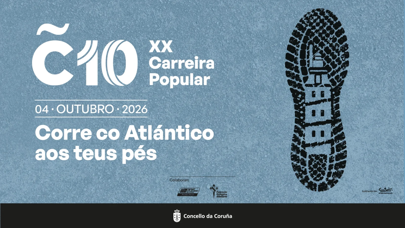 Cartel de la XX Carreira Popular Coruña10, cuya imagen gráfica de 2026 fue creada por Antón Lezcano.