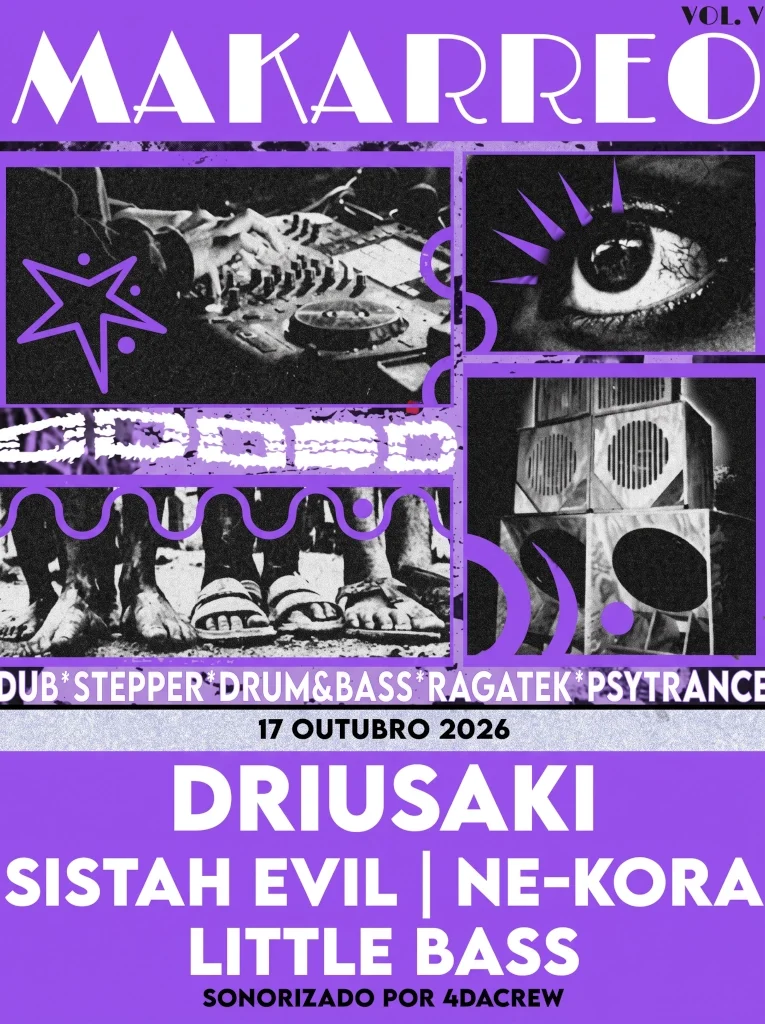 Cartel de Makarreo Vol. V en tonos morados y negros, con Driusaki, Stah Evil, Ne-Kora y Little Bass.