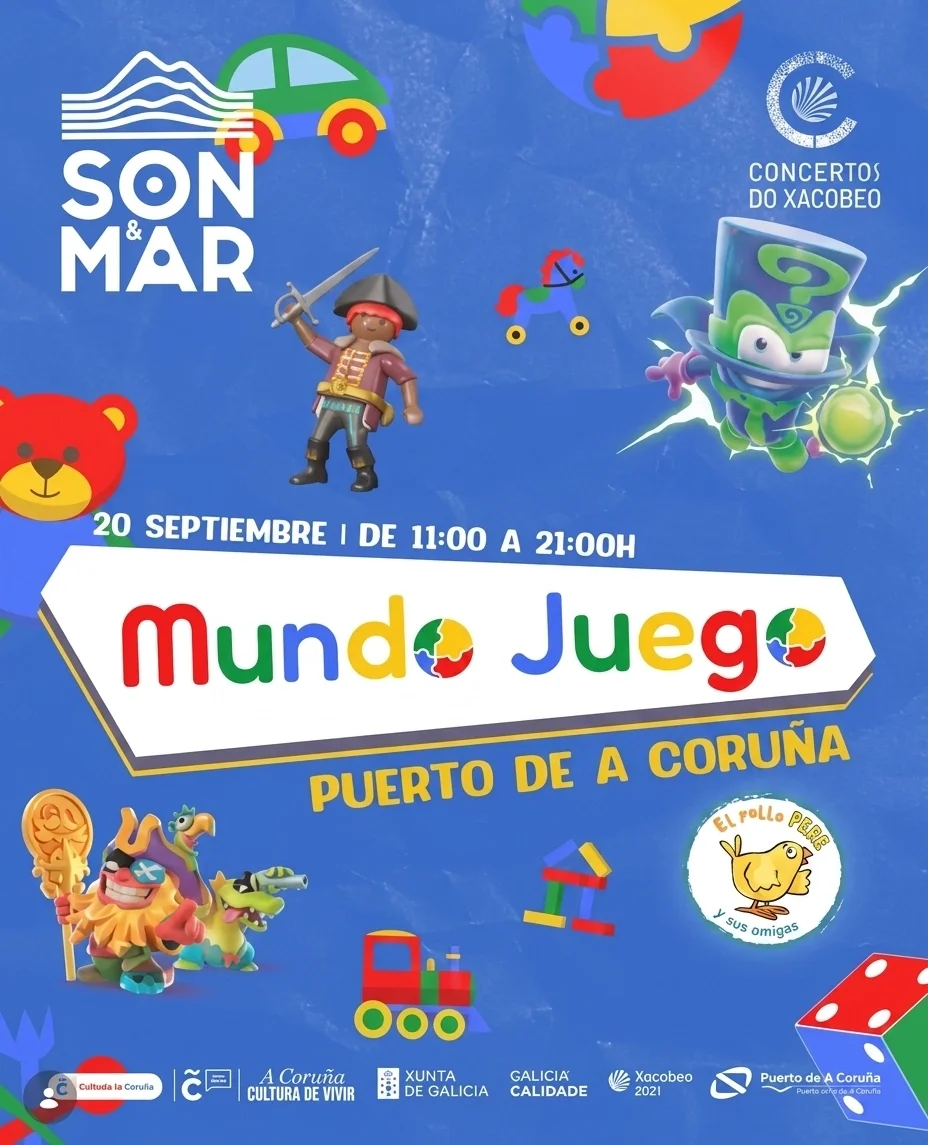 Cartel de Mundo Juego en A Coruña, jornada familiar de Son & Mar en el Puerto de A Coruña.
