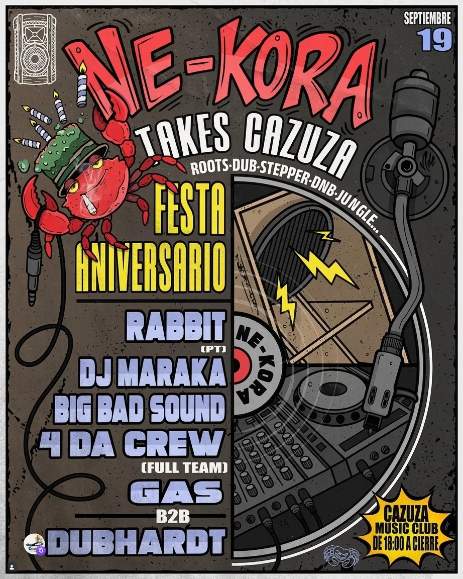 Cartel de NE-KORA Takes Cazuza, fiesta de aniversario con Rabbit, DJ Maraka, Big Bad Sound, 4 Da Crew, GAS y Dubhardt.