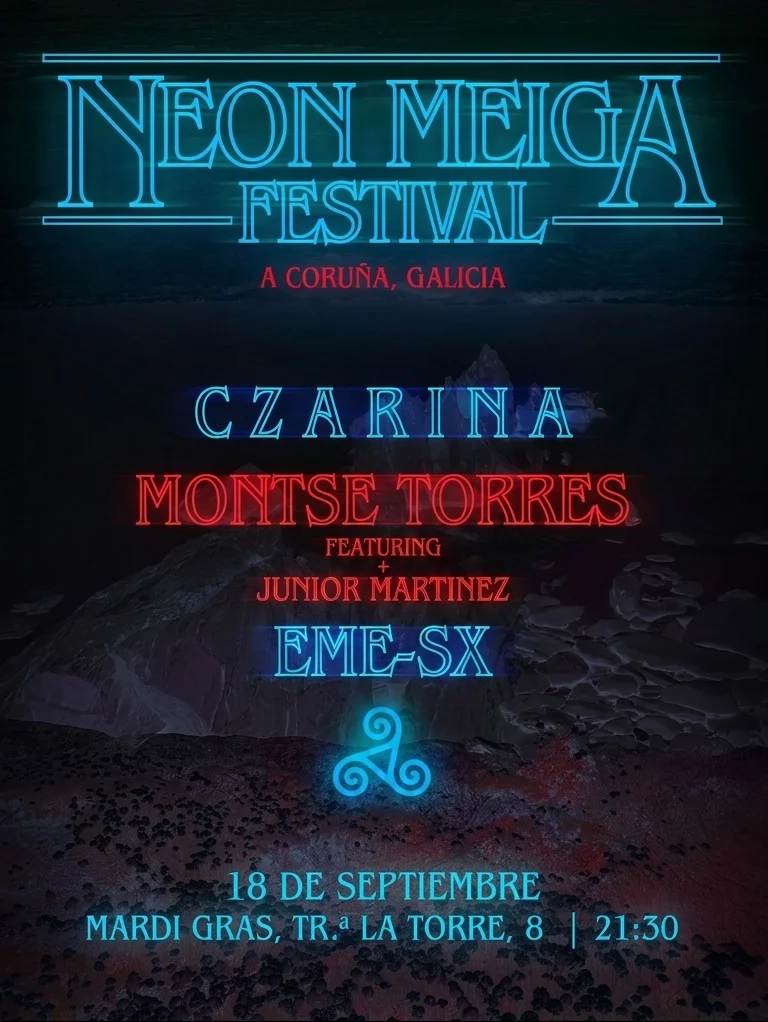 Cartel del Neon Meiga Festival en A Coruña, programado para el 18 de septiembre en la Sala Mardi Gras.