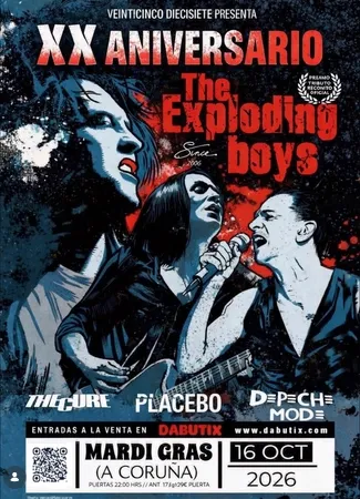 Cartel de la gira XX Aniversario de The Exploding Boys para su concierto tributo a The Cure, Depeche Mode y Placebo en la Sala Mardi Gras de A Coruña.
