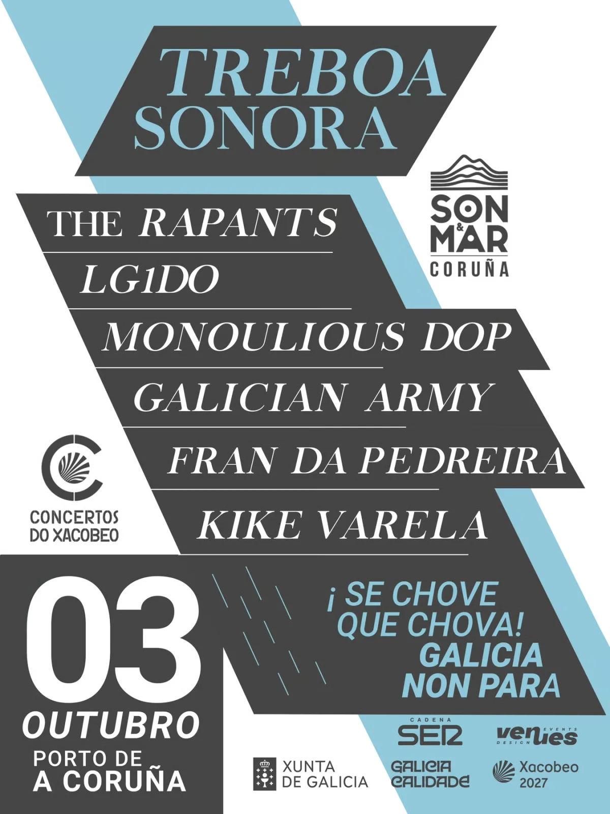 Cartel de Tréboa Sonora 2026 con The Rapants, LG1DO, Monoulious DOP, Galician Army, Fran da Pedreira y Kike Varela.