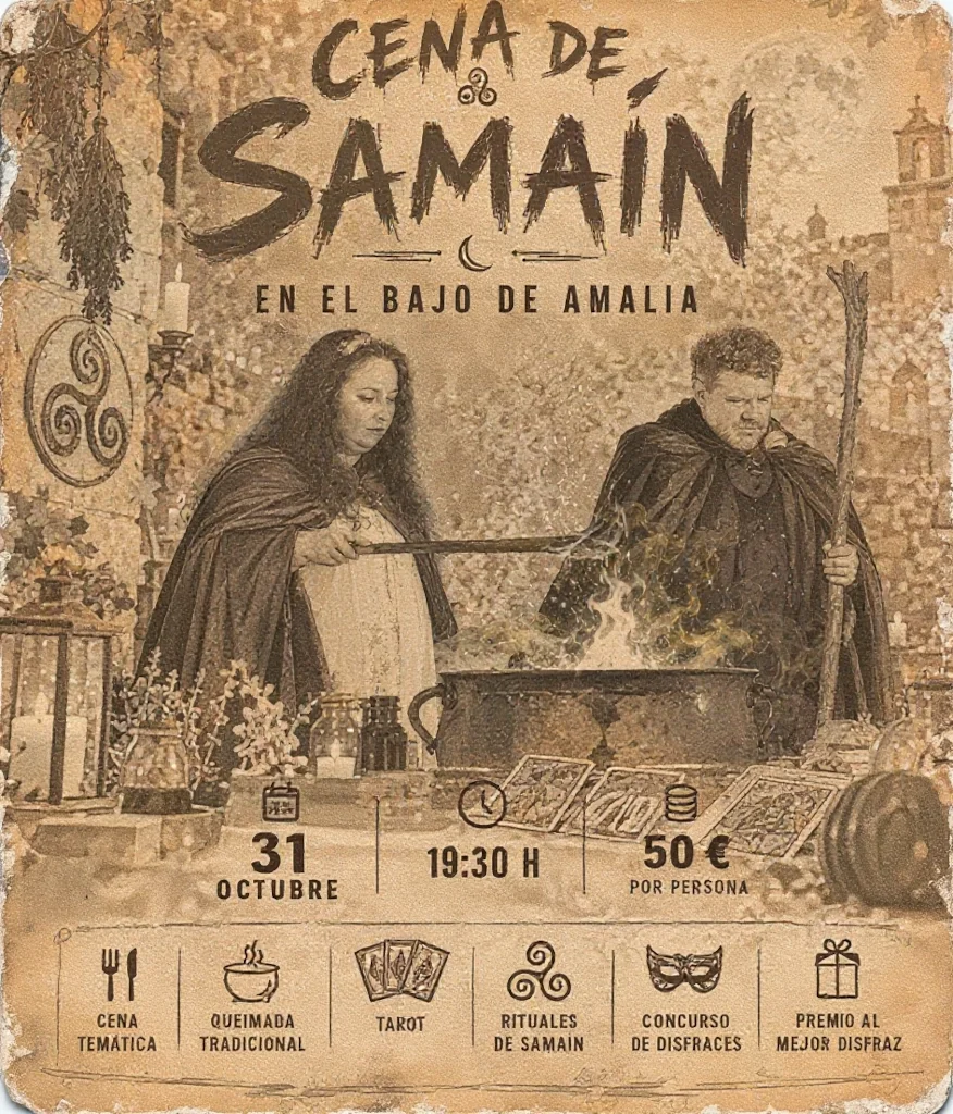 Cartel promocional de la Cena de Samaín en El Bajo de Amalia, el 31 de octubre de 2026. La imagen presenta una ambientación de fuego, brujería y rituales, con dos figuras junto a un caldero encendido. Incluye información sobre la cena, actividades, precio y reservas.